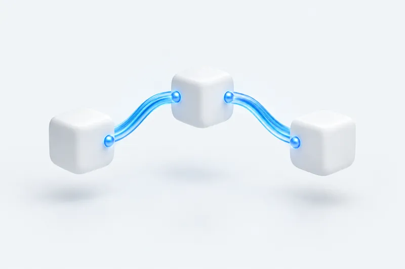 Tres bloques conectados por cintas de luz azul